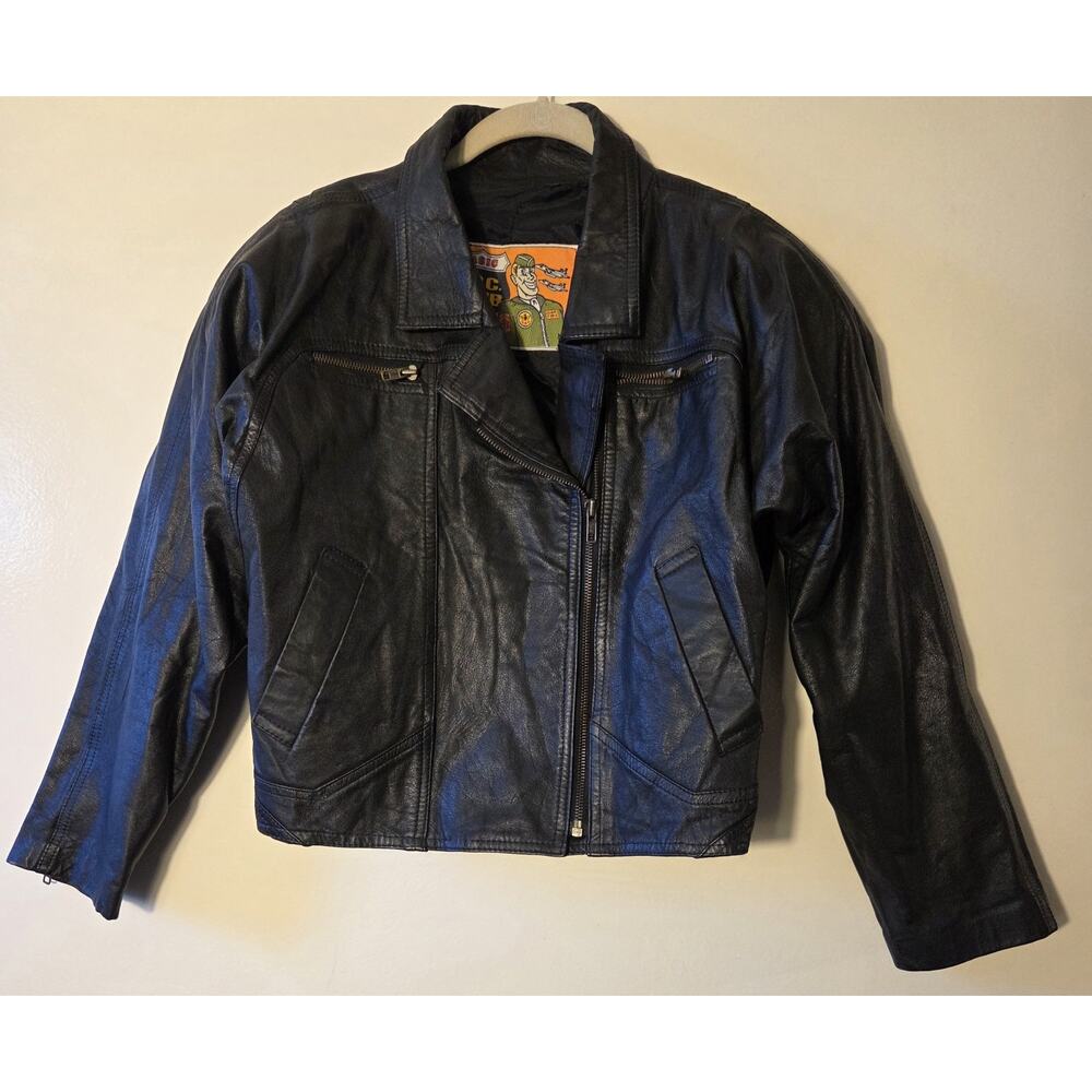 Vtg. P.P.C. Club Black Leather Short Moto Jacket Asymmetrical & Back Zippers